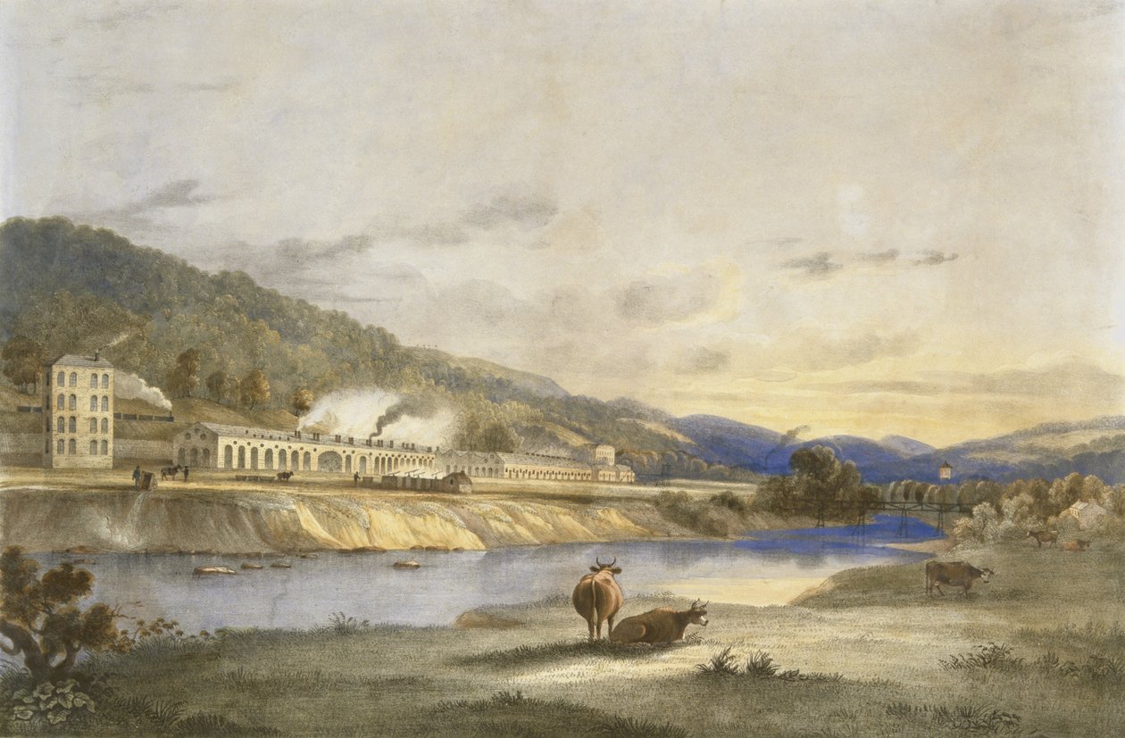 Trefforest Tin Works, Glamorganshire, noin 1840 (käsin värjätty litografia paperille). tekijältä J. Appleby