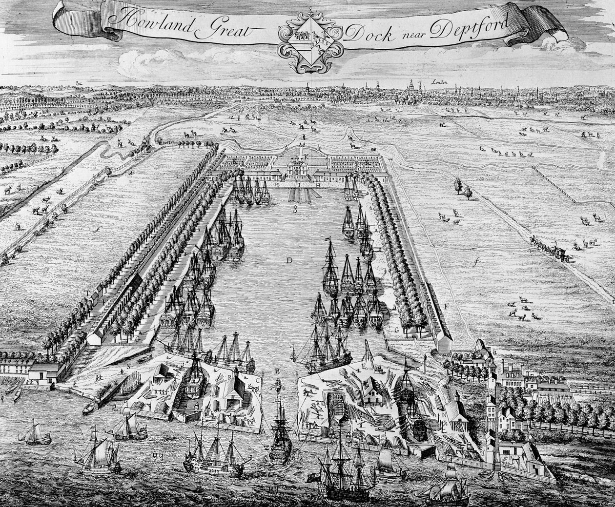 Howland Great Dock, lähellä Deptfordia, n. 1715-20 tekijältä J. Badslade