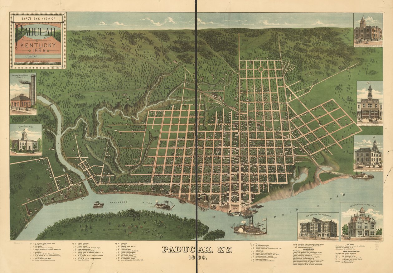Lintuperspektiivistä Paducah, Kentucky 1889. tekijältä J. Blanton; Krebs Lithographing Company Postlethwaite
