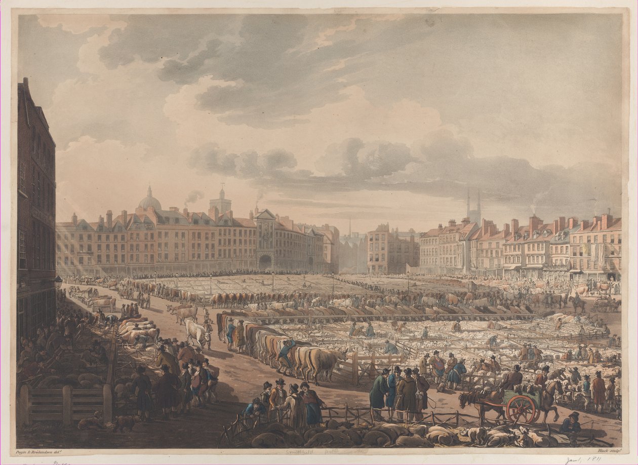 Lintuperspektiivistä Smithfield Market, otettu Bear & Ragged Staffilta, tammikuu..., 1. tammikuuta 1811. tekijältä J. Bluck