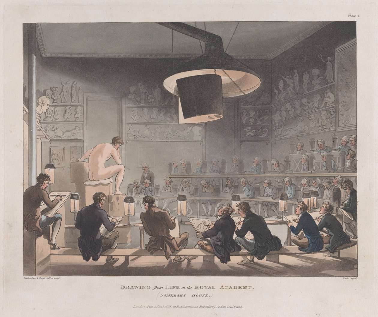 Piirros elämästä Royal Academyssa, Somerset House, 1. tammikuuta 1808, 1. tammikuuta 1808. tekijältä J. Bluck