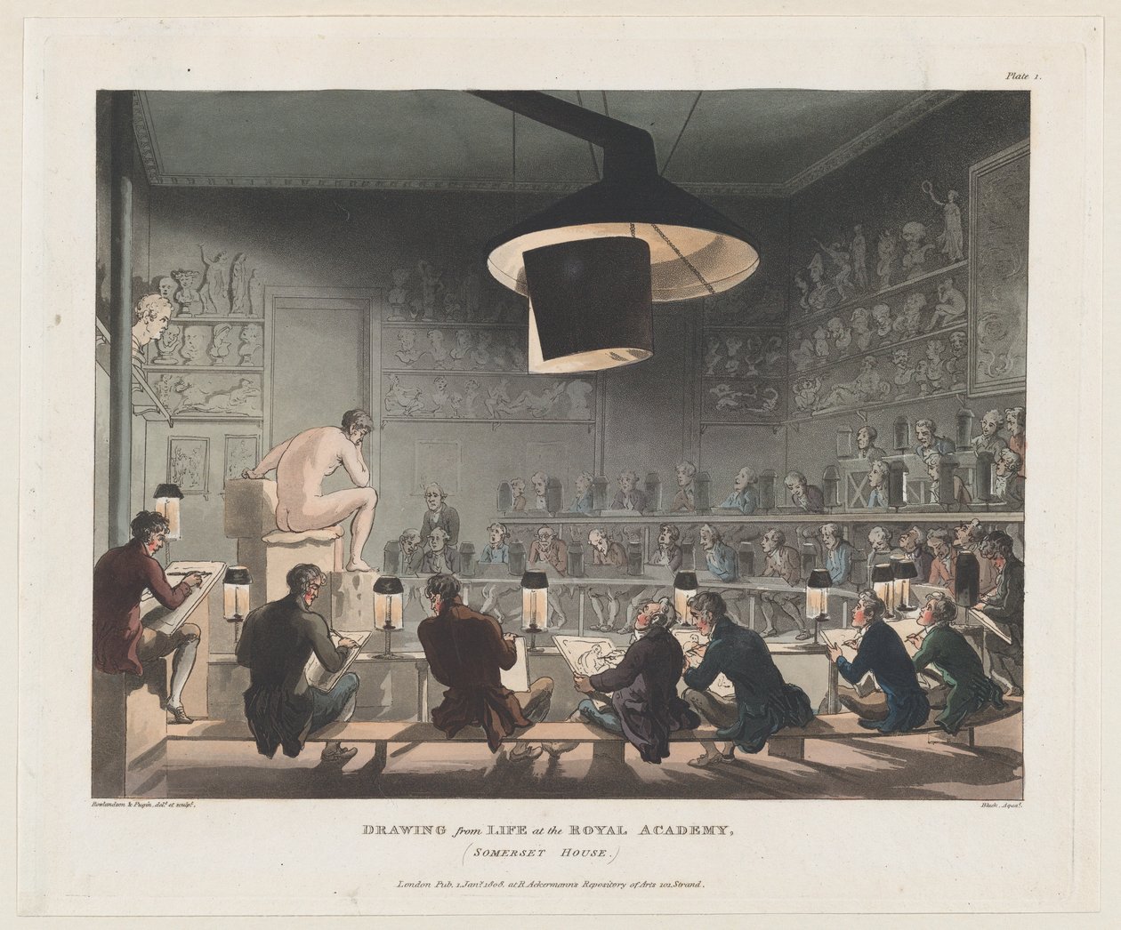 Piirros elämästä Royal Academyssa, Somerset House, 1. tammikuuta 1808, 1. tammikuuta 1808. tekijältä J. Bluck