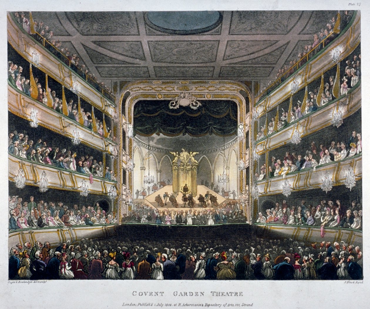 Covent Garden Theatren sisäkuva, Bow Street, Westminster, Lontoo, 1808 tekijältä J Bluck