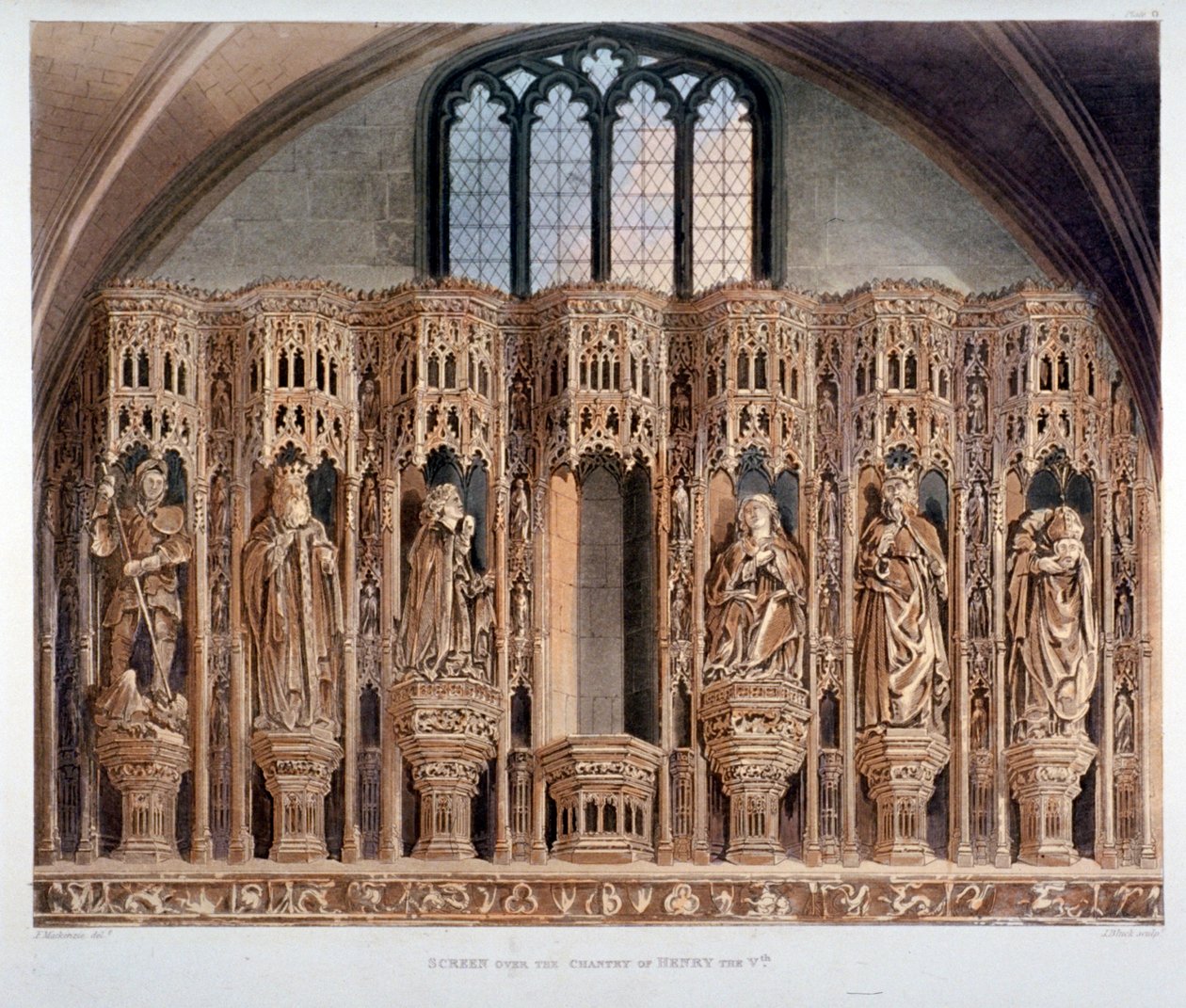 Näyttö Henry V:n kansliassa, Westminster Abbey, Lontoo, 1811 tekijältä J Bluck
