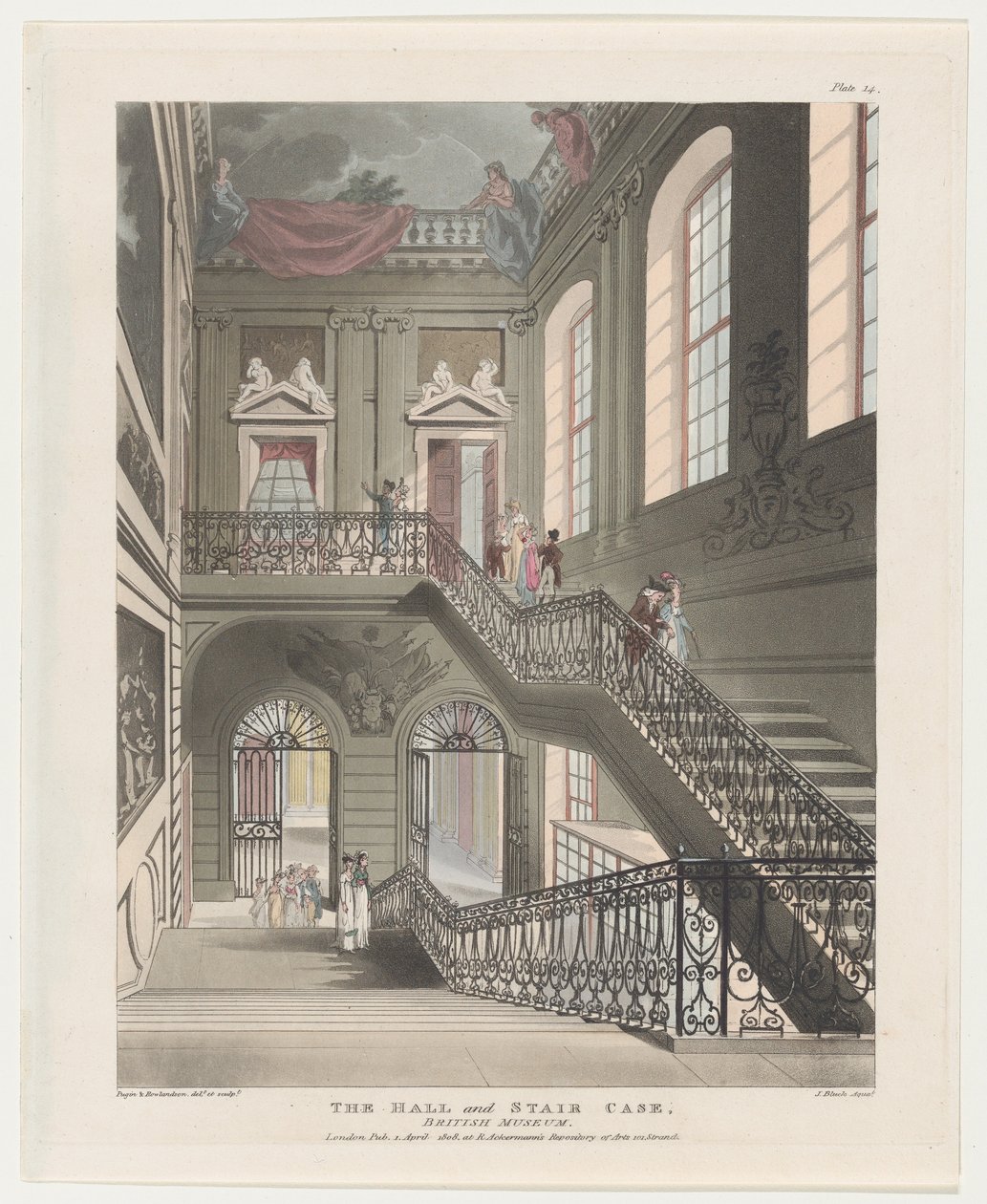 The Hall and Stair Case, British Museum, 1. huhtikuuta 1808, 1. huhtikuuta 1808. tekijältä J. Bluck