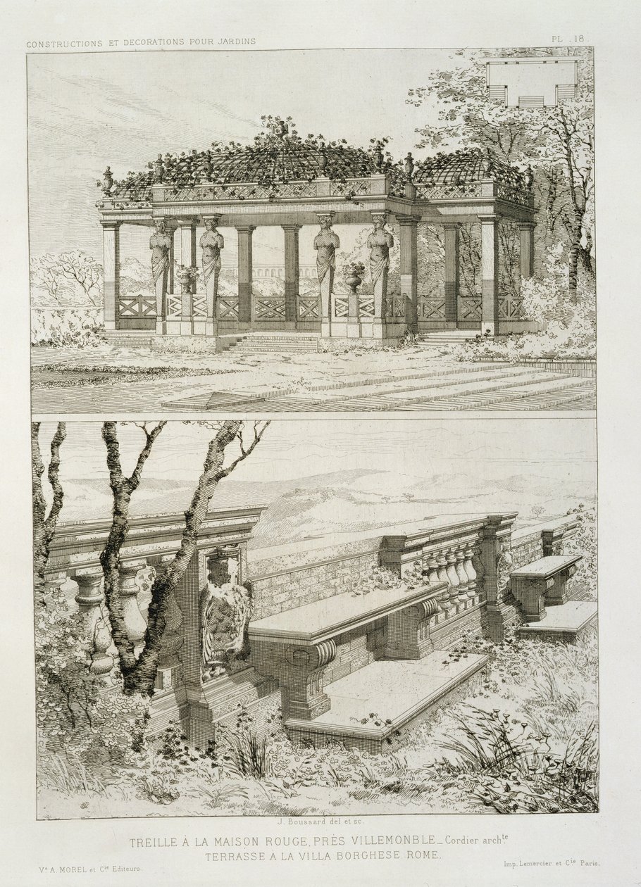 Cordierin suunnittelema La Maison Rougen pergola lähellä Villemomblea ja Villa Borghesen terassi, Rooma, n. 1880 tekijältä J. Boussard