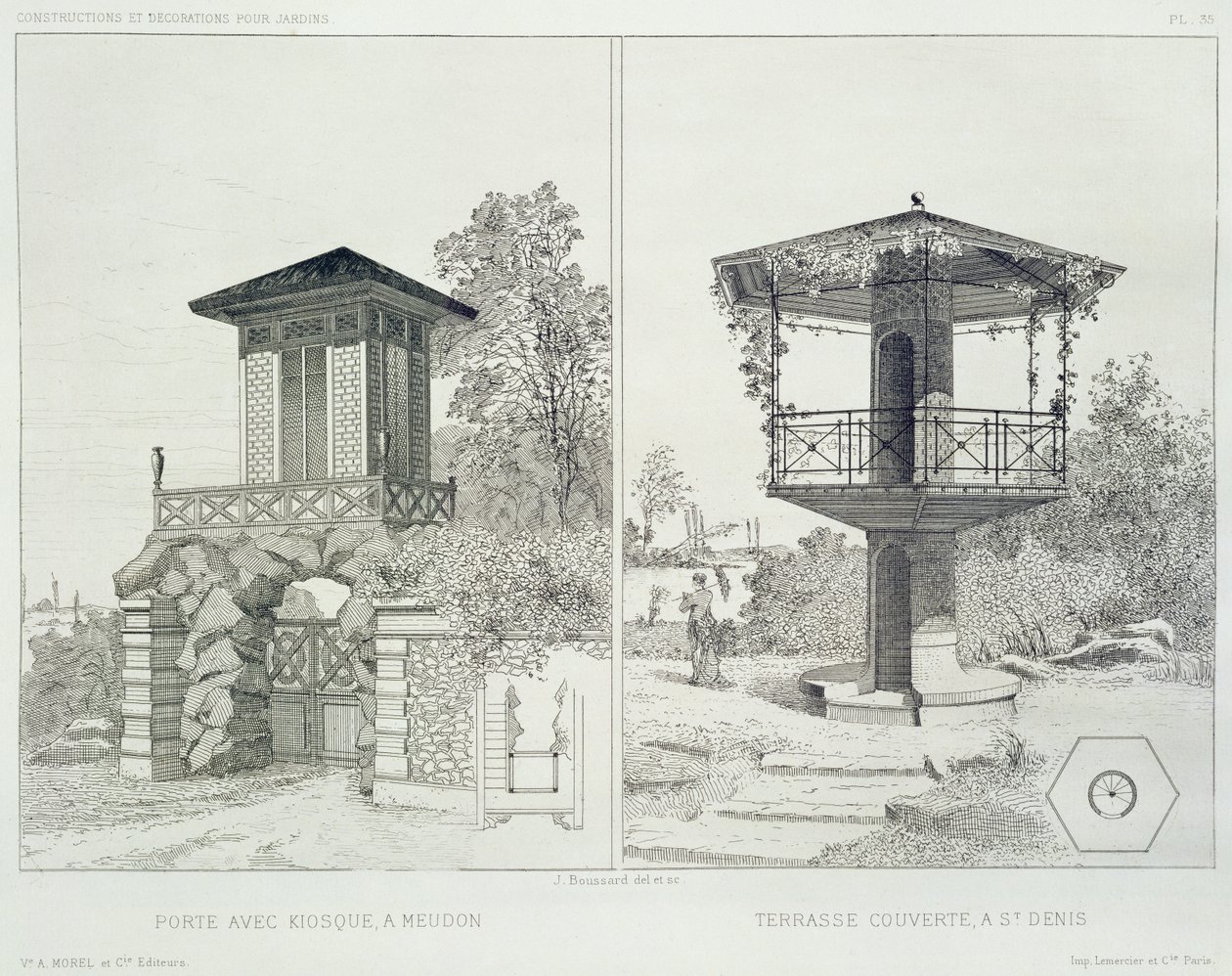 Portaali, jossa on kioski, Meudon ja katettu terassi, St. Denis, useiden arkkitehtien suunnittelemista pubista. Morel & Cie, Pariisi, n. 1880 (etsaus) tekijältä J. Boussard