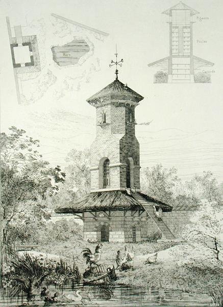 Shelter for Fowl at Chartrettes, julkaisusta "Constructions et Decorations pour Jardins", julkaistu n. 1880 (kaiverrus) tekijältä J. Boussard