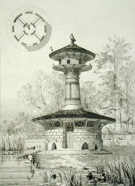 Shelter for Waterfowl at Poissy, julkaisusta "Constructions et Decorations pour Jardins", julkaistu n. 1880 (kaiverrus) tekijältä J. Boussard