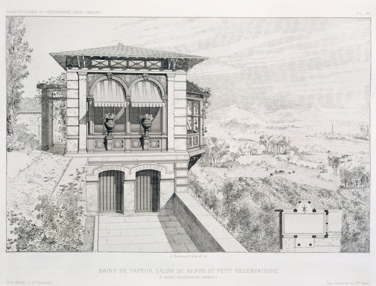 Höyrykylpyjä, observatorio yllä, useista eri arkkitehtien suunnittelemista pubista. Morel & Cie, Pariisi, noin 1880 tekijältä J. Boussard