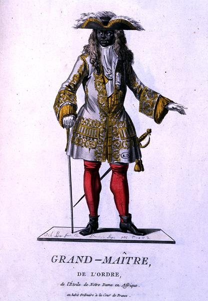 Notre-Dame-tähden ritarikunnan suurmestari Afrikassa, julkaisusta "Recueil de Tous Les Costumes des Ordres Religieux et Militaires", julkaistu 1785 (värikaiverrus). tekijältä J. C. (after) Bar
