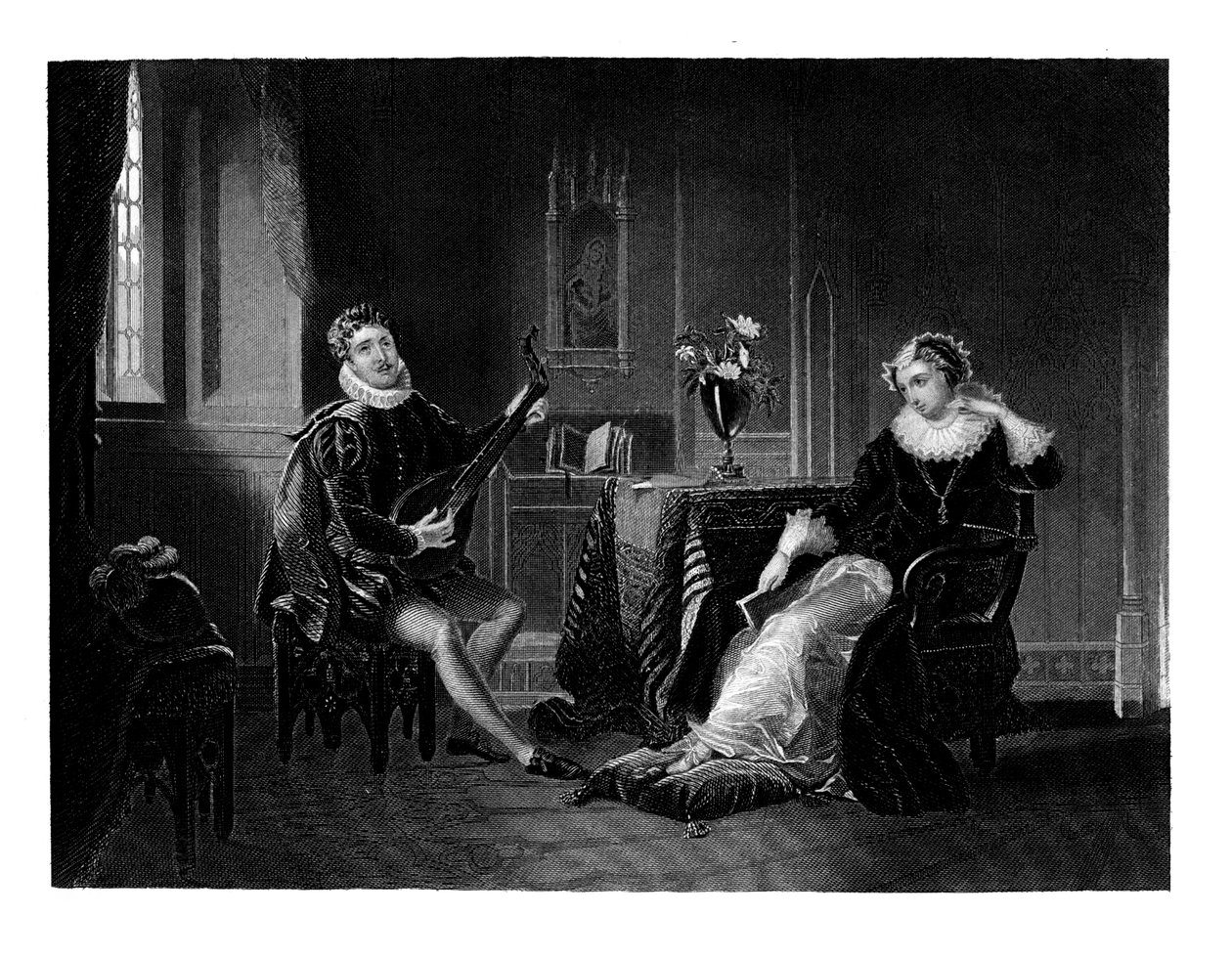 Chatelar soittamassa luuttua Marialle Skotlannin kuningattarelle, 1560-luku, 1860 tekijältä J. C. Armytage