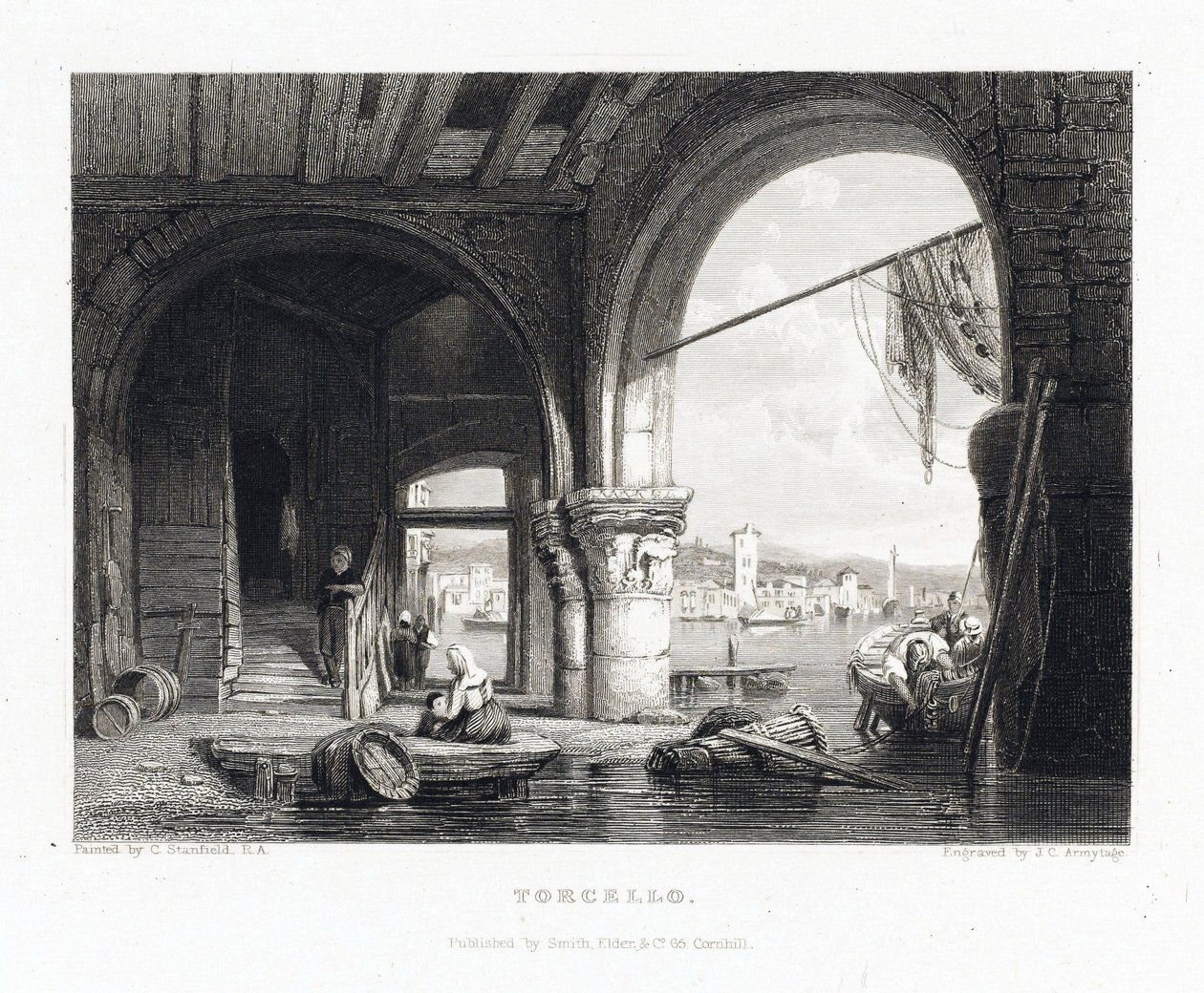 Näkymä Torcellon saarelle (Venetsia, Italia). James Charles Armytagen (1820-1897) kaiverrus Clarkson Stanfieldin (1793-1867) mukaan. tekijältä J. C. Armytage