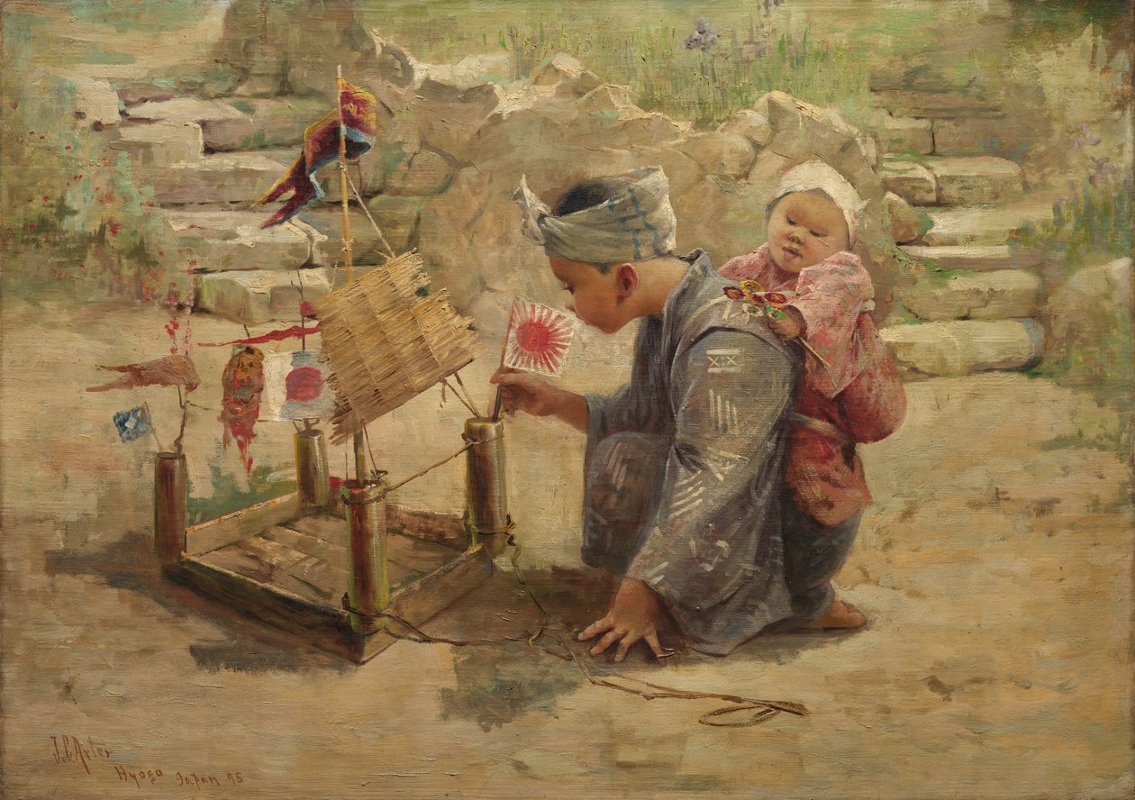 Japanilainen poika rakentamassa sodan miestä, 1895. tekijältä J. C. Arter.