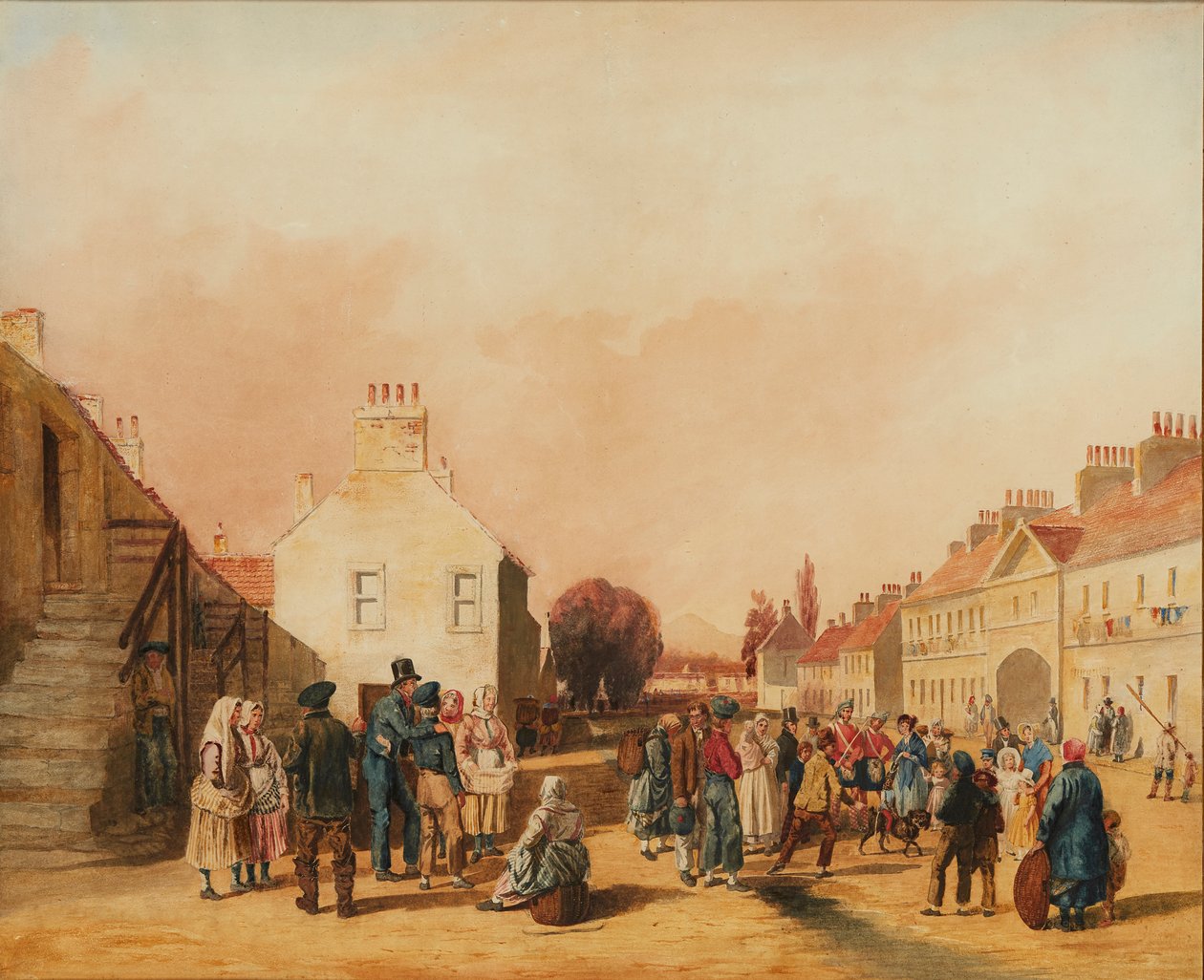 Fisherrow, Musselburgh (kynä ja akvarelli) tekijältä J. C. Newton