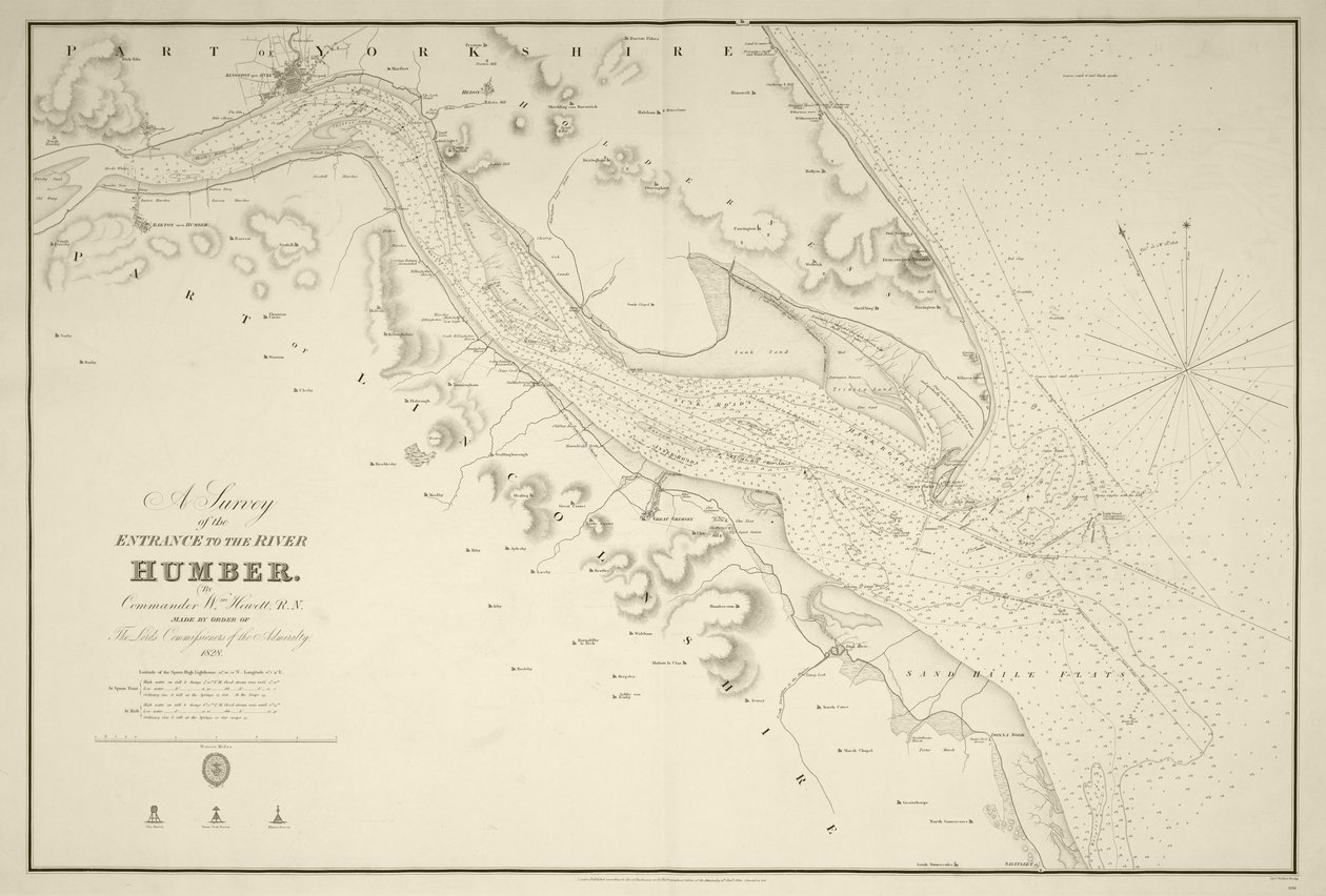 Komentaja Williamm Hewettin, R.N., tekemä Humber-joen suuaukon kartoitus, joka on tehty amiraliteetin pääjohtajien määräyksestä 1828. tekijältä J. & C. Walker