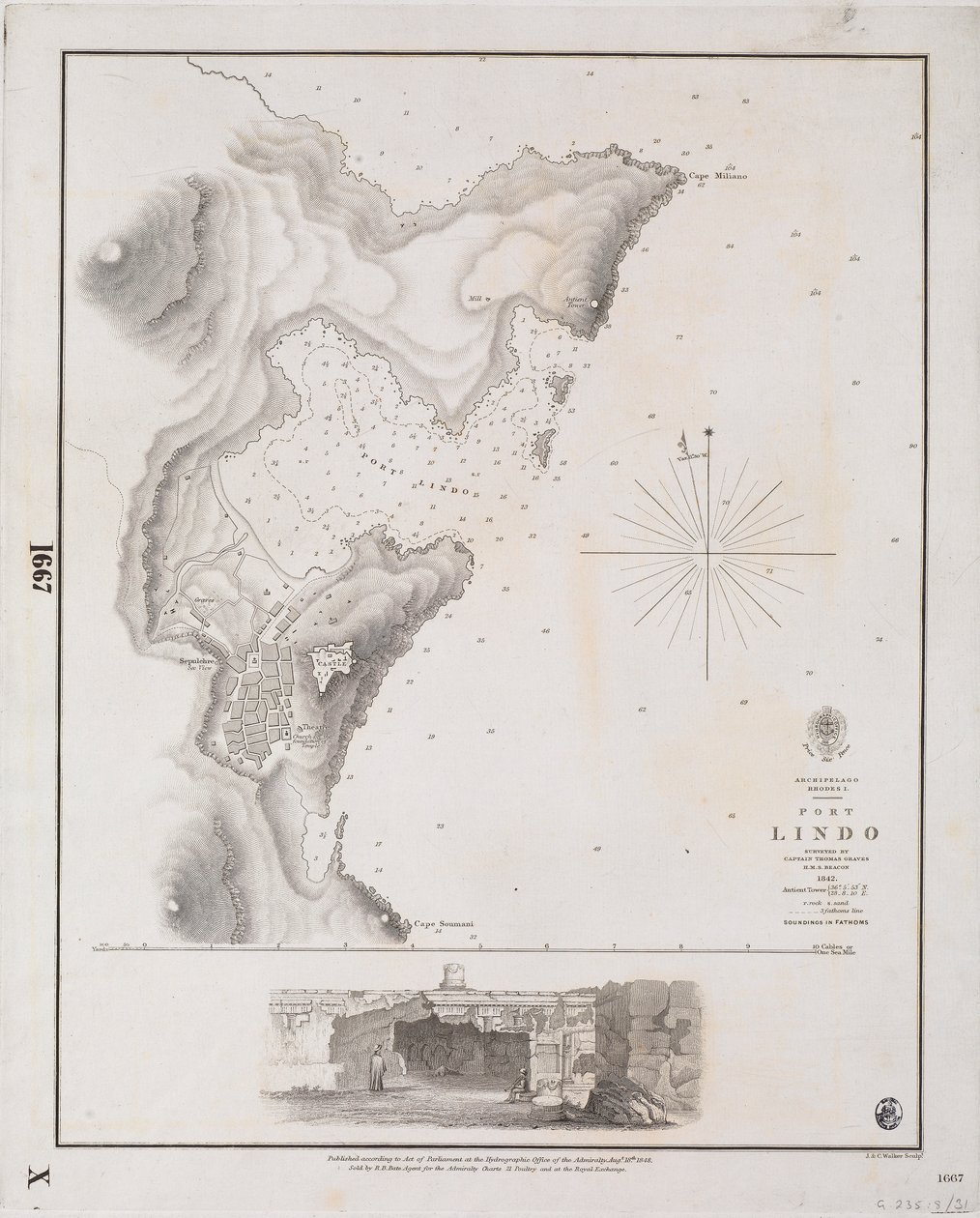 Archipeligo, Rodos I., Port Lindo, jonka kartoitti kapteeni Thomas Graves, HMS "Beacon" 1842. tekijältä J. & C. Walker