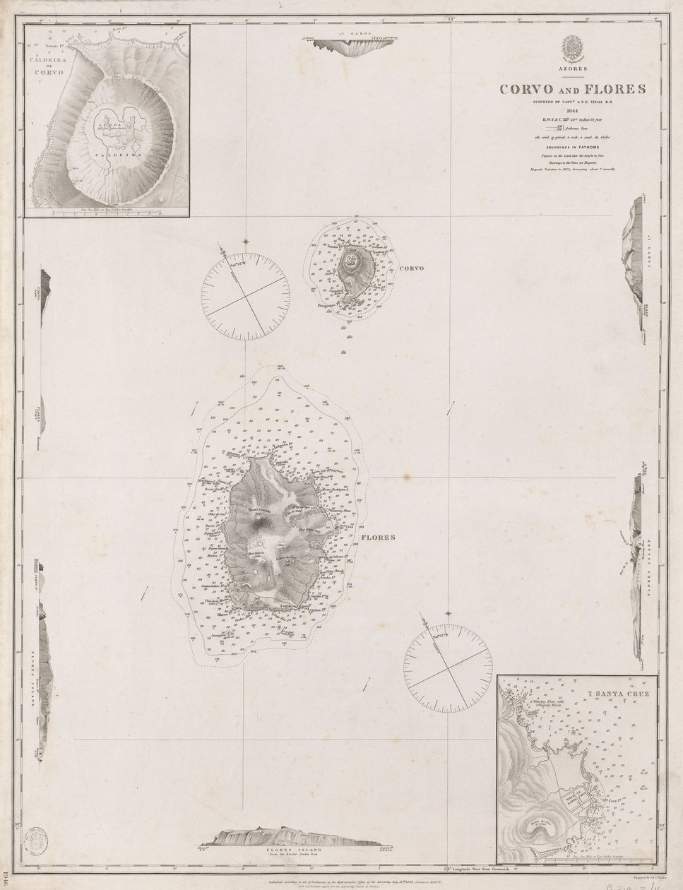 Azorit Corvo ja Flores. Kartoittanut kapteeni A.T.E Vidal R.N. 1844.". tekijältä J. & C. Walker