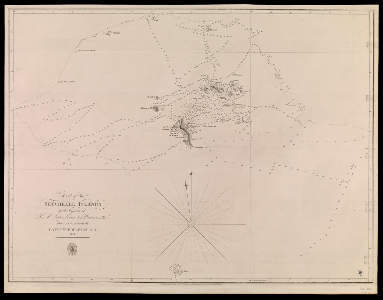 Seychelle-saarten merikartta, jonka ovat laatineet H.M. Leven- ja Barracouta-alusten upseerit kapteeni W.F.W. Owen R.N:n johdolla. 1825 tekijältä J. & C. Walker