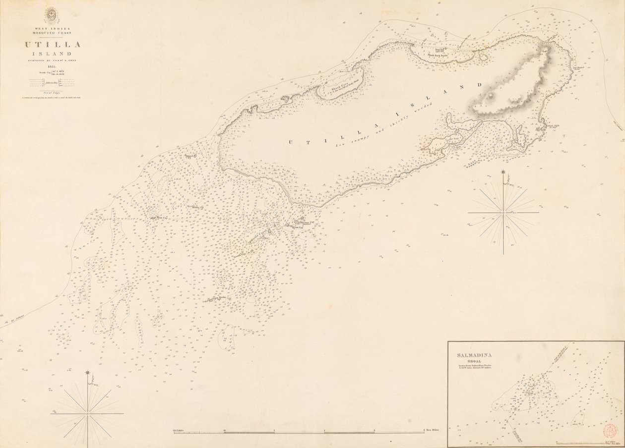 Länsi-Intian Mosquito-rannikko Utilla Island, jonka kartoitti komentaja R. Owen 1835. tekijältä J. & C. Walker