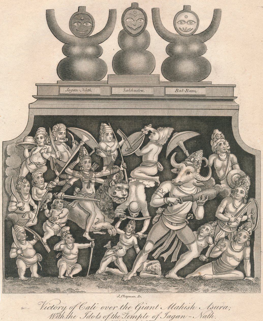 Calin voitto jättiläisestä Mahishasurasta, Jagannathin temppelin epäjumalien kanssa, 1809. tekijältä J. Chapman