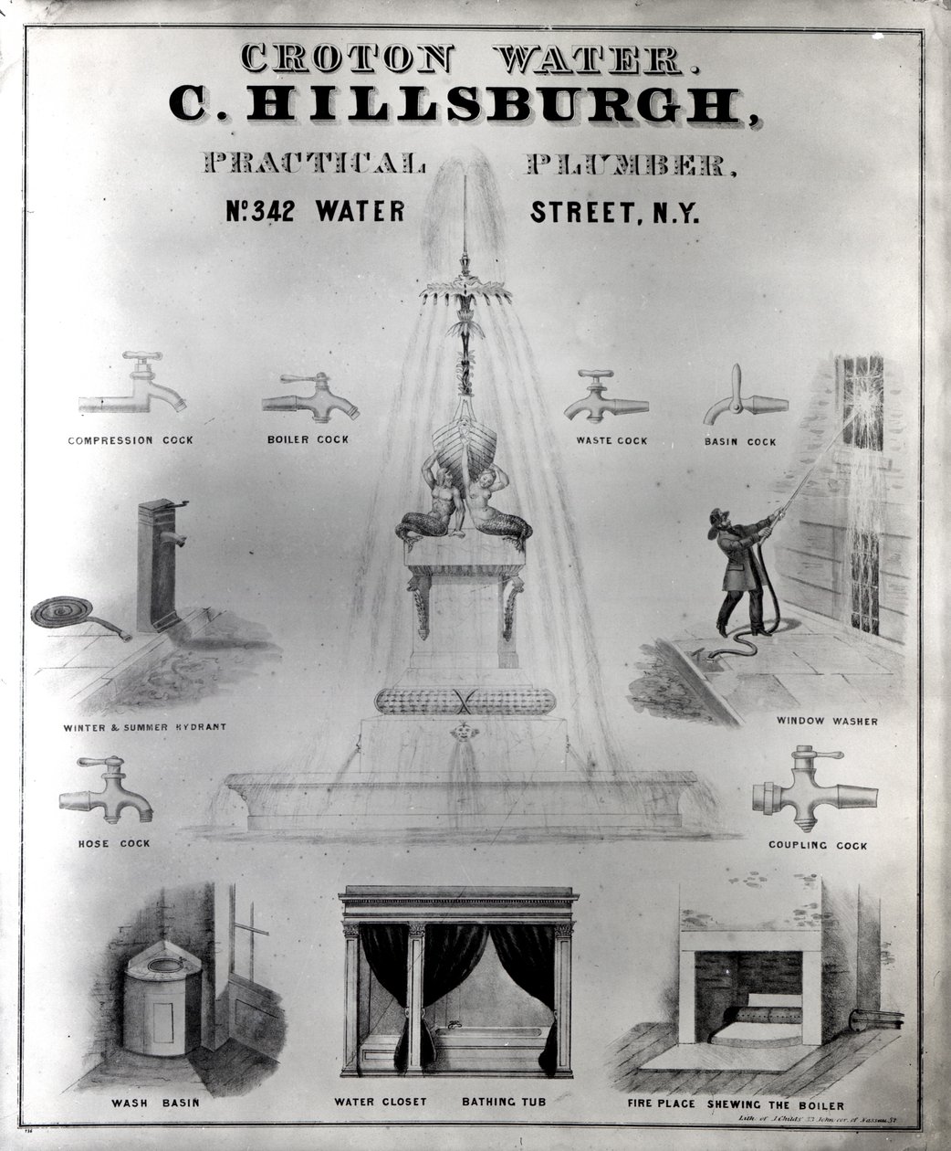 Croton vesi. C. Hillsburgh, käytännöllinen putkimies, no. 342 Water Street, New York, 1840-luku tekijältä J. Childs