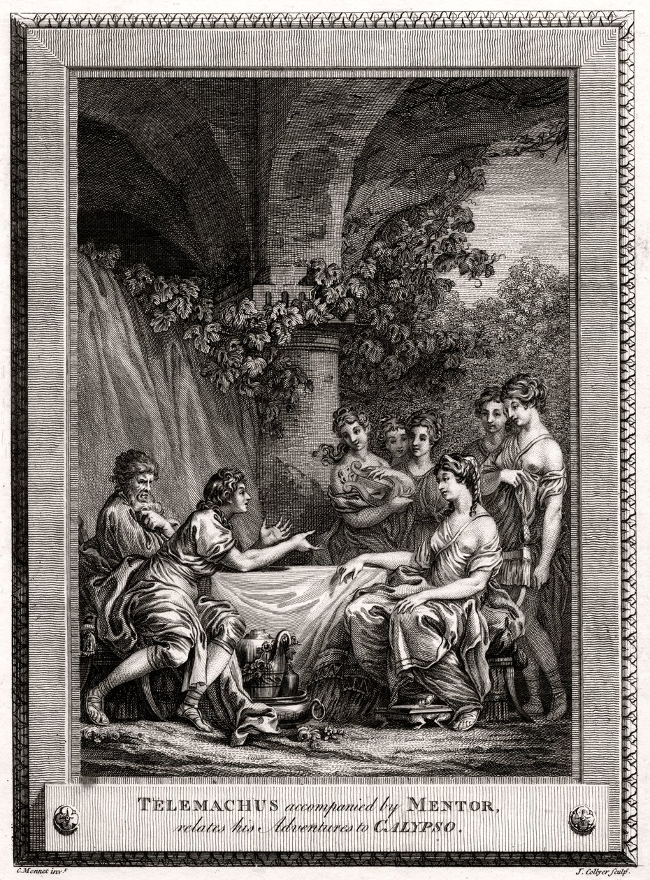 Telemachus Mentorin kanssa kertoo seikkailuistaan Calypsosta, 1774 tekijältä J. Collyer