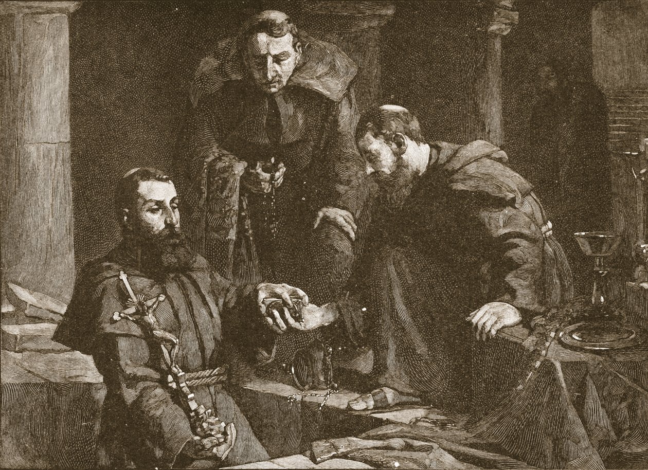 Aarteen piilottaminen luostarin tukahduttamisen yhteydessä, kuvitus Englannin kirkosta: Kansan historia, H.D.M. Spence-Jones, pubi. n. 1910 litho seepia valokuva tekijältä J. Cooke