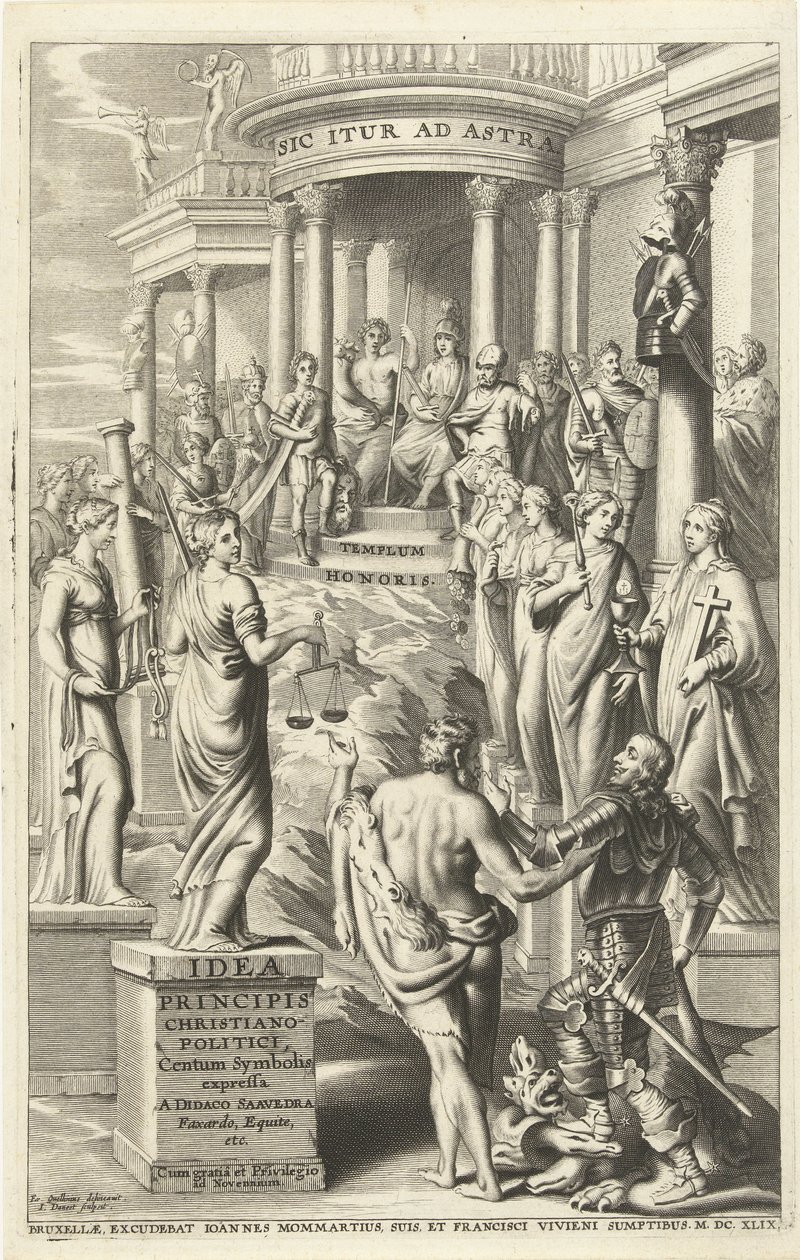 Herkules johdattaa ihmisen hyveiden personifikaatioiden ohi ikuisen kuuluisuuden temppeliin Nimisivu: Idea principis christiano-politica, Centum Symbolis expressa, Bryssel 1649 (otsikko esineessä) tekijältä J. Danoot
