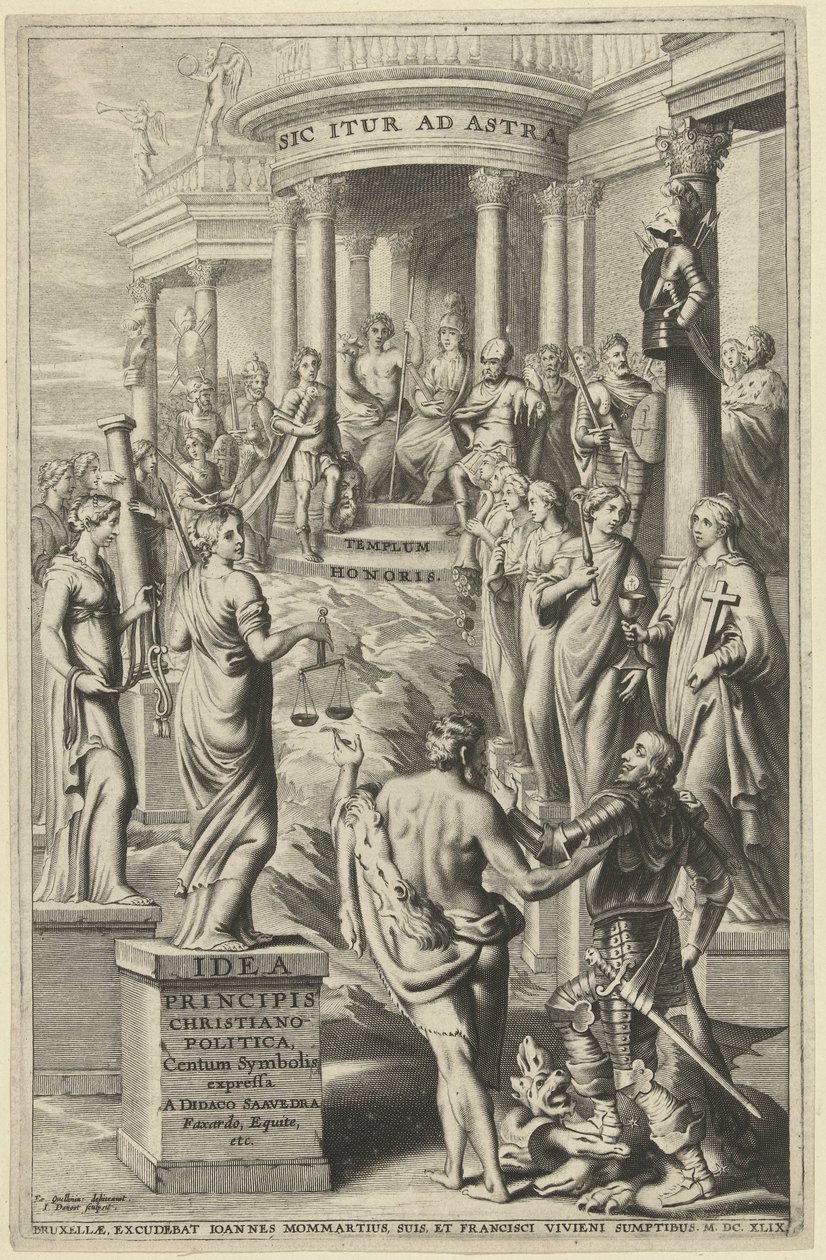 Herkules johdattaa ihmisen hyveiden personifikaatioiden ohi ikuisen kuuluisuuden temppeliin Nimisivu: Idea principis christiano-politica, Centum Symbolis expressa, Bryssel 1649 tekijältä J. Danoot