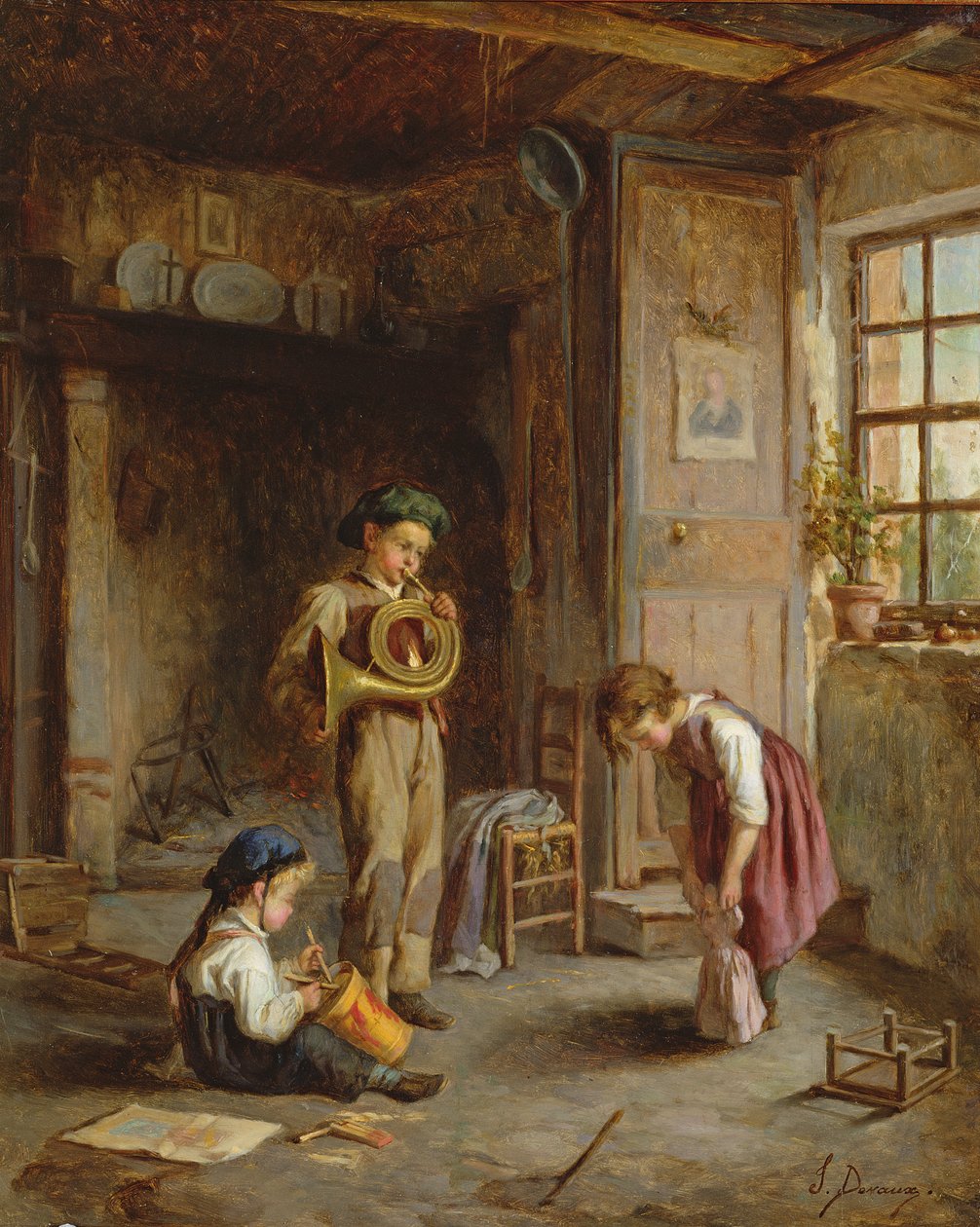 Pojat käyrätorvi ja rumpu, 1800-luku; tekijältä J. Devaux