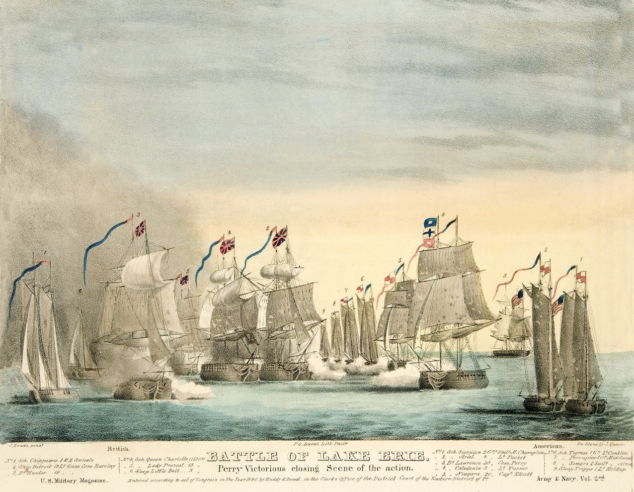 Eriejärven taistelu. Perry Voittoisa loppukohtaus Army and Navy -lehdestä, pubista. 1840 (värinen kaiverrus) tekijältä J. Evans