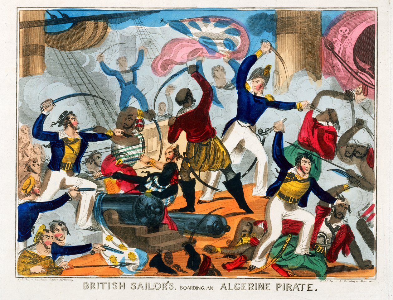 Brittiläiset merimiehet nousevat algerialaiseen merirosvolaivaan (värillinen kaiverrus). tekijältä J. Fairburn