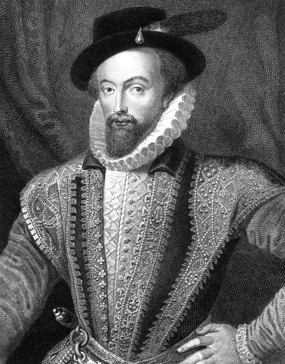 Sir Walter Raleigh, englantilainen kirjailija, runoilija, hovimies, seikkailija ja tutkimusmatkailija, 1821. tekijältä J Fitler