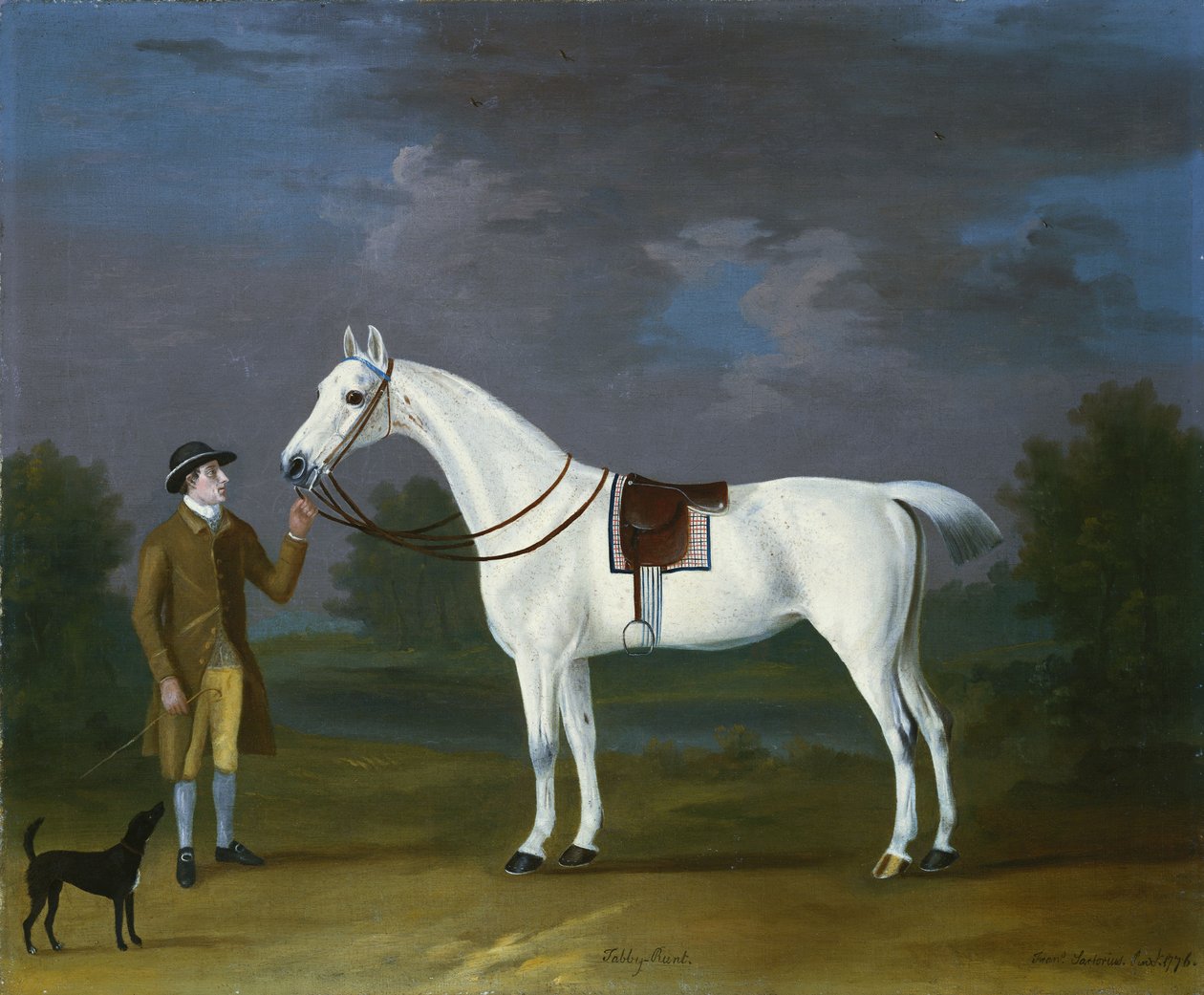 Tabby Runt", harmaa metsästäjä omistajansa ja terrierin kanssa jokimaisemassa, 1776 tekijältä J. Francis Sartorius