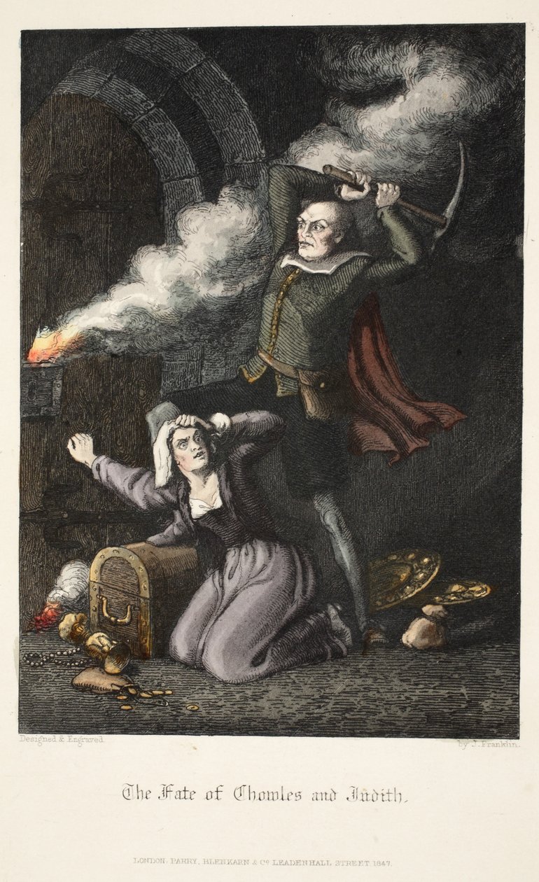 The Fate of Chowles ja Judith, Old Saint Pauls, pub. 1847 (käsinvärinen kaiverrus) tekijältä J. Franklin