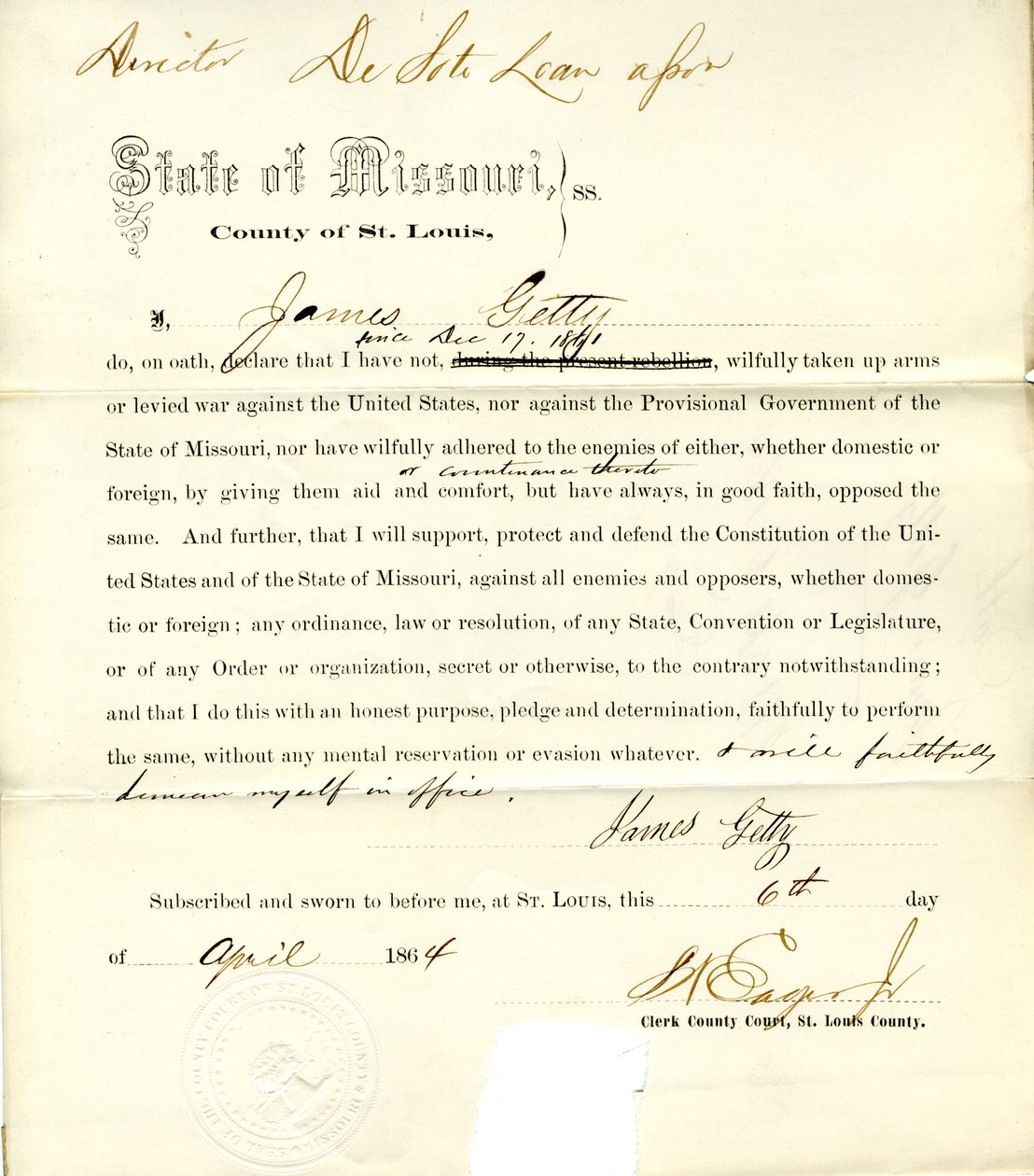 James Gettin uskollisuusvala Missourista, St.Louisin kreivikunta tekijältä J. Getty