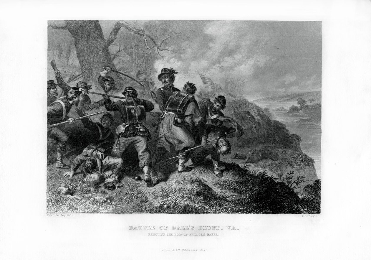 Eversti Edward Bakerin ruumiin pelastus, Battle of Balls Bluff, Virginia, 1862-1867. tekijältä J. Godfrey