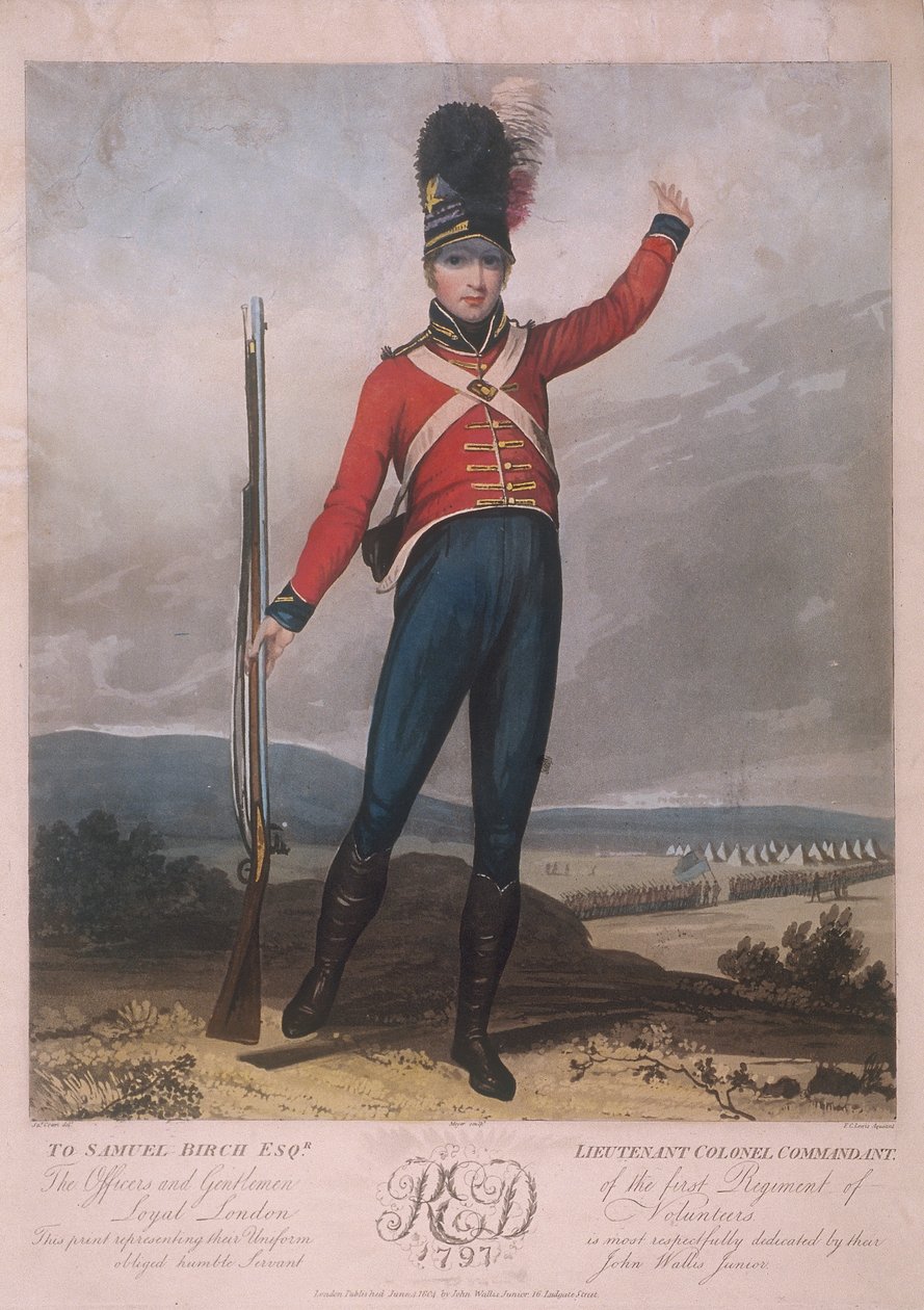 Sotilashahmo, joka pukeutuu Loyal London Volunteersin ensimmäisen rykmentin univormuun, 1797 tekijältä J Green