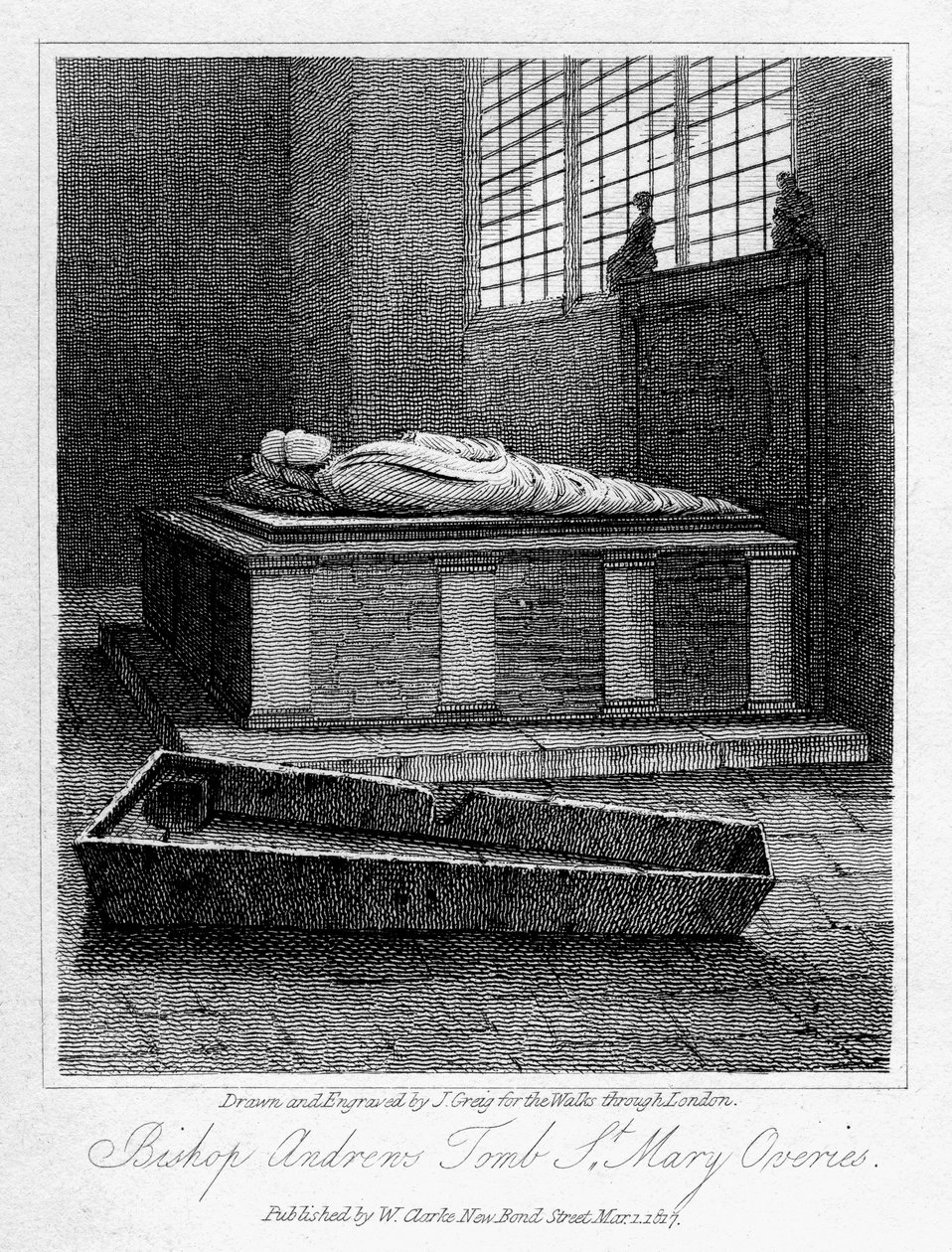 Piispa Andrewsin hauta, St Mary Overiesin kirkko, Southwark, Lontoo, 1817. tekijältä J. Greig
