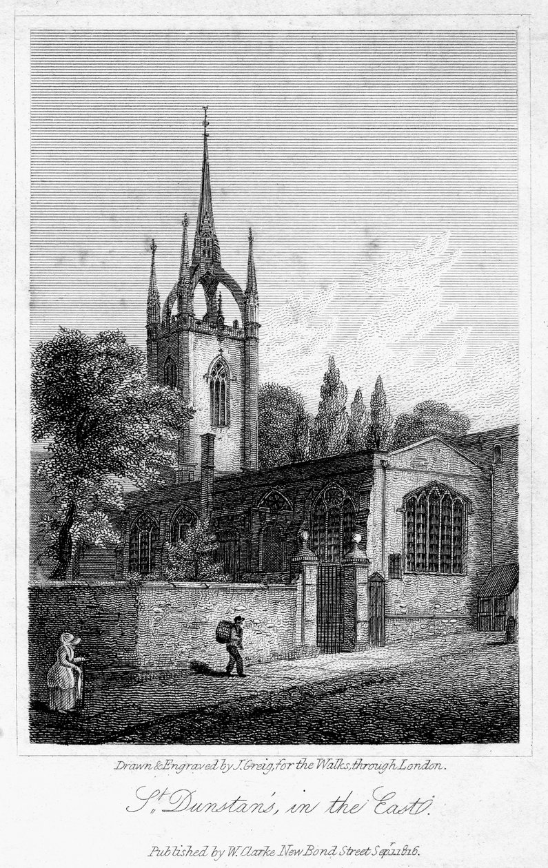 St Dunstanin kirkko idässä, Lontoon kaupunki, 1816. tekijältä J. Greig