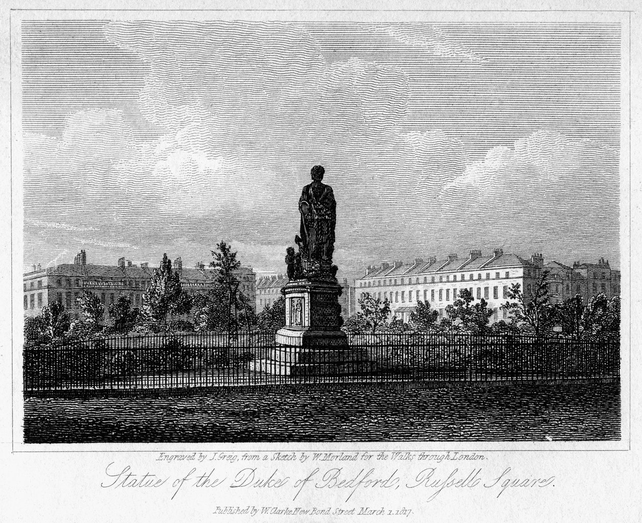 Bedfordin herttuan patsas, Russell Square, Bloomsbury, Lontoo, 1817. tekijältä J. Greig