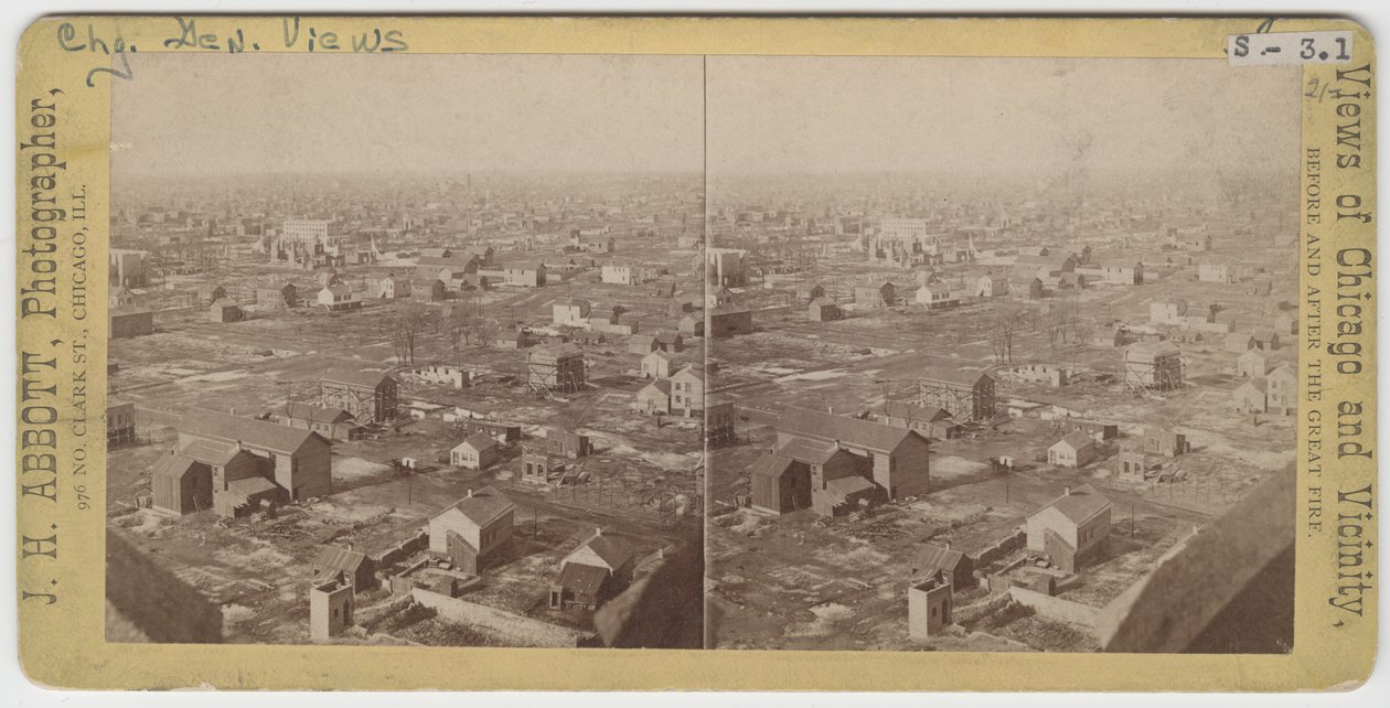Stereografia kuvasta vesitornista luoteeseen Chicagon palon jälkeen 1871, 1871 (bw-kuva korttitelineessä) tekijältä J. H. Abbott