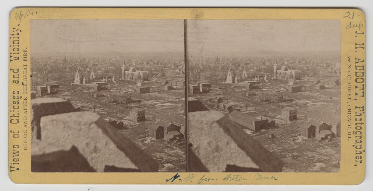 Stereografia näkymä vesitornista luoteeseen Chicagon vuoden 1871 palon jälkeen tekijältä J. H. Abbott