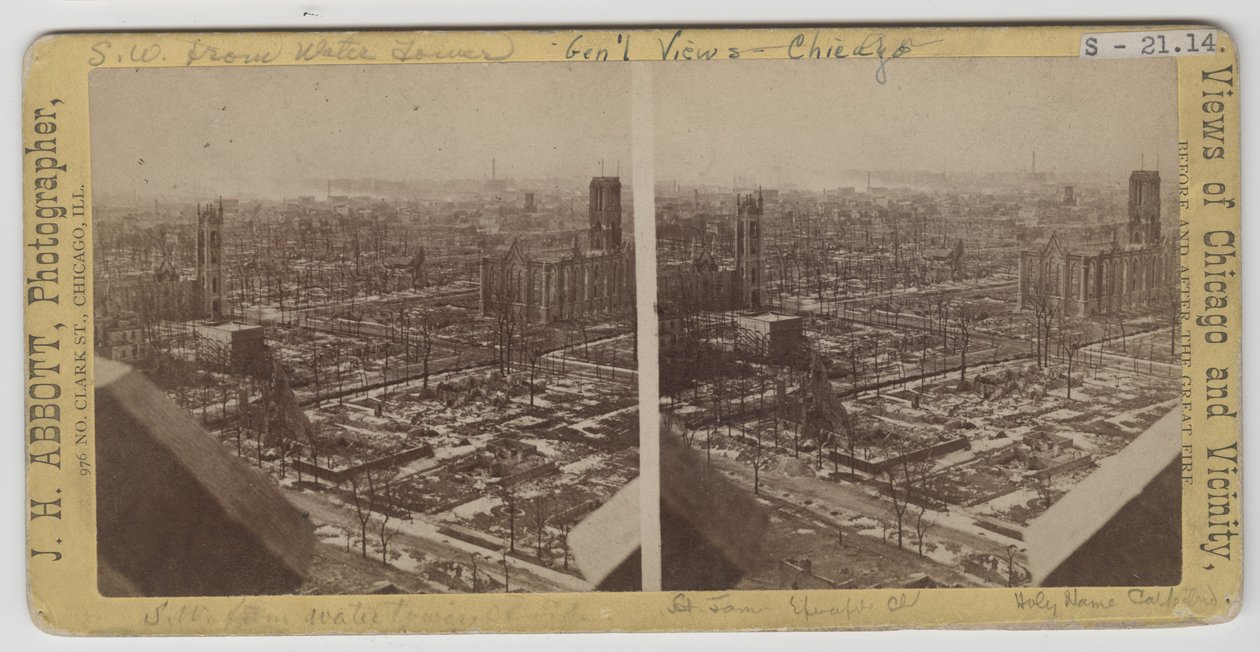 Stereografia näkymä vesitornista lounaaseen Chicagon vuoden 1871 palon jälkeen tekijältä J. H. Abbott