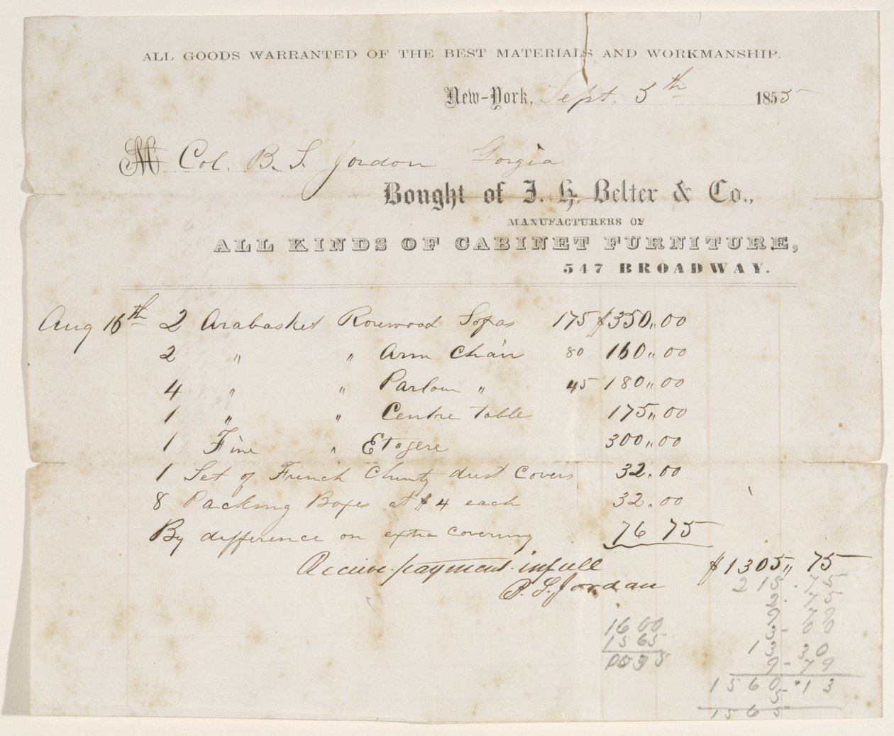 Kauppakirja eversti B. S. Jordanille, 5. syyskuuta 1855 (muste paperilla) tekijältä J. H. Belter and Co. J. H. Belter and Co.