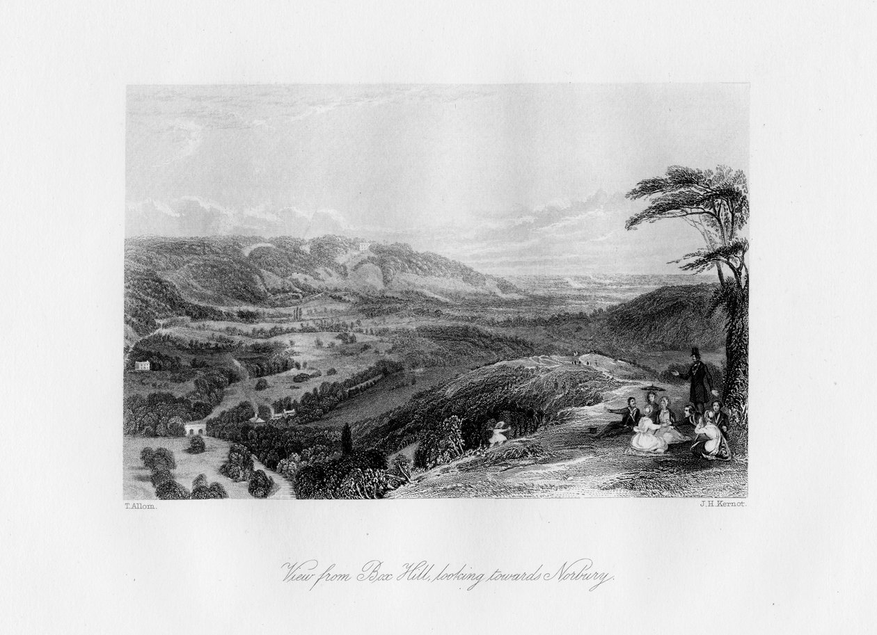 Näkymä Box Hilliltä, näkymä Norburyyn 1800-luvulta. tekijältä J. H. Kernot