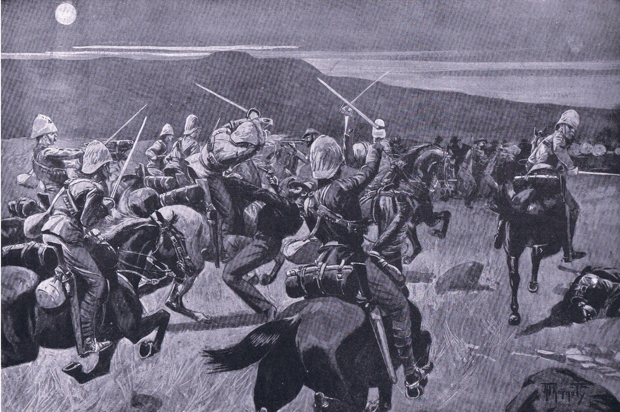 19. husaarien nro Steenkampsbergin kuutamopanos, kuvitus elokuvasta After Pretoria: The Guerilla War tekijältä J. H. Thorneley