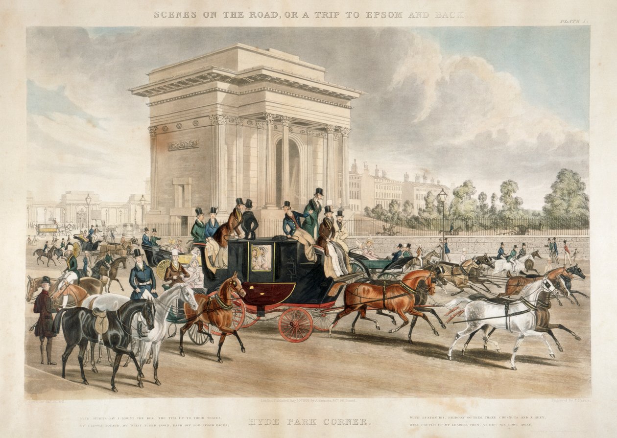 Hevosvaunut Hyde Park Cornerissa Lontoossa, 1838 tekijältä J Harris