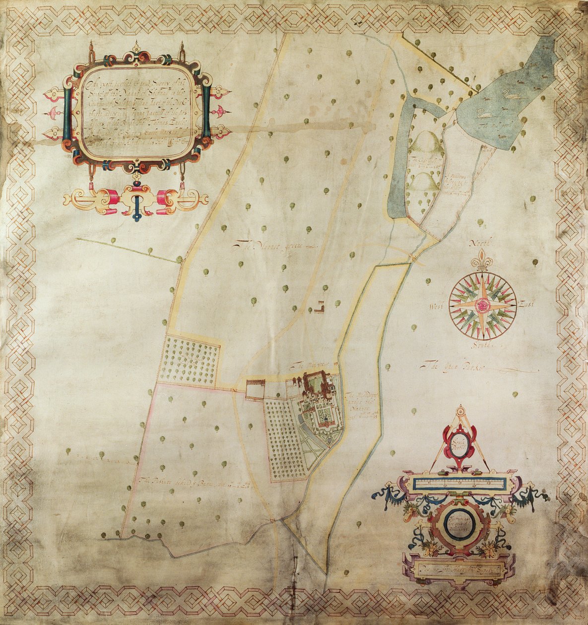 Kartta Shifnalin kartanosta, Shropshire, 1635 (muste ja väri vellum) tekijältä J. Harrison